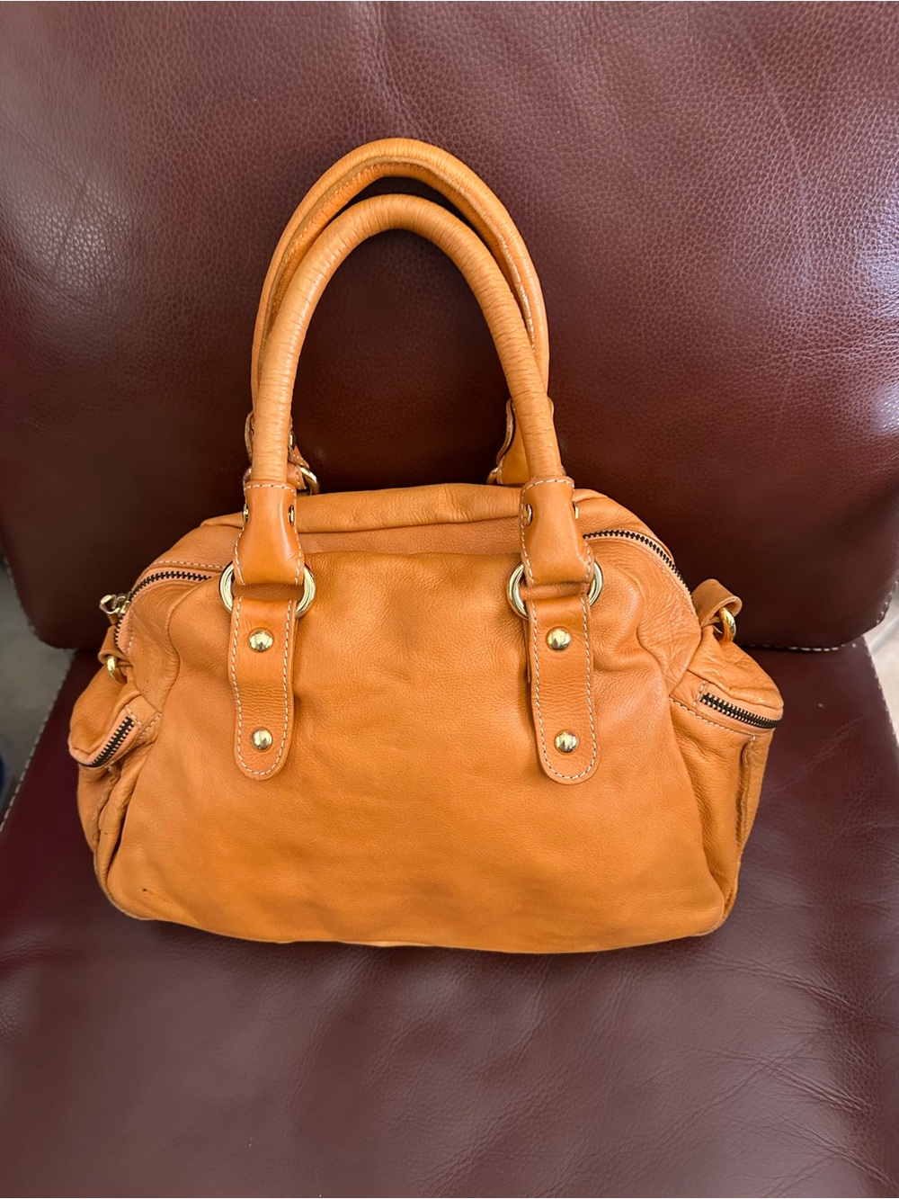 MANIA Italy Genuine Leather Orange Satchel Bowling Bag Top Handle Handbag